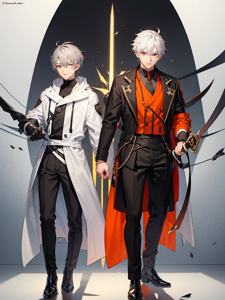Male character gray hair and orange eyes and black clothes and swords