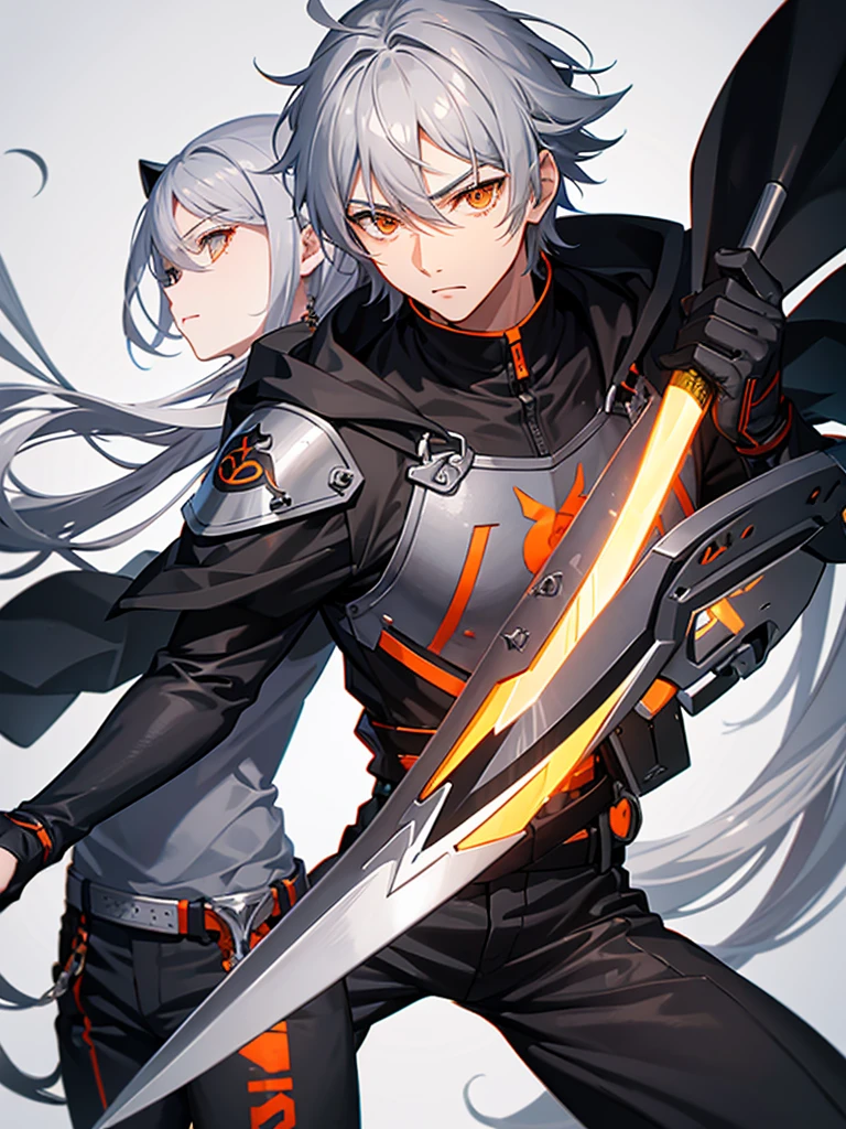 Male character gray hair and orange eyes and black clothes and swords 