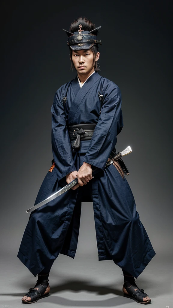 **Japanese Samurai Character Description**
The character is a Japanese samurai depicted in a simple, stylized image. He stands out for his imposing posture and details that refer to his traditional clothing and characteristic weaponry..
**Head:**
- The samurai's head is represented by a saddle-brown ellipse, suggesting tanned skin from sun exposure.
- In the head, he wears a traditional helmet, a kabuto, drawn as an inverted black triangle with the point up, symbolizing the typical protection used by samurai warriors.
**cos:**
- The samurai's body is drawn as a vertical rectangle, filled with a dark blue color, indicating a kimono or traditional samurai armor. The black outline clearly defines the body structure.
**arms:**
- The arms are depicted as thick lines extending from the body towards the extremities, with one arm extended to the left and the other to the right. The dark blue color of the arms matches the body, indicating sleeves of the same kimono or armor.
**flegs:**
- The legs are represented by two thick lines coming out of the lower part of the body. Each leg is drawn in dark blue, extending in slightly different directions to suggest a posture of readiness or movement.
**elsword (katana):**
- In your right hand, the samurai holds a katana, your traditional Japanese sword. The blade is represented by a gray line, with the end part pointing upwards and slightly curved, typical characteristic of katanas. The sword guard and base of the hilt are drawn as a thicker gray line.
**Additional Elements:**
- The figure is outlined with black lines, highlighting each part of the body and accessories.
- The image background is white, providing a sharp and clear contrast with the samurai figure, highlighting it as the central focus of the image.