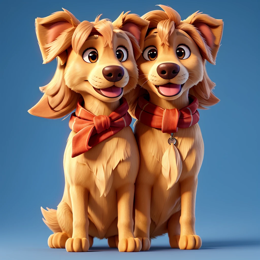 Create the image of a golden medium-haired Golden Retriever, brown eyes and a red bandana, On a blue background