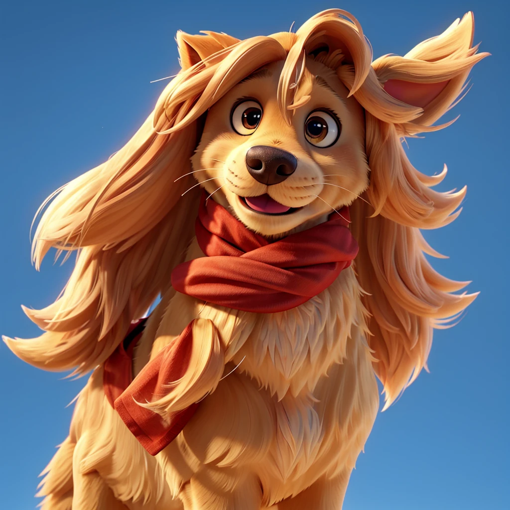 Create the image of a golden medium-haired Golden Retriever, brown eyes and a red bandana, On a blue background