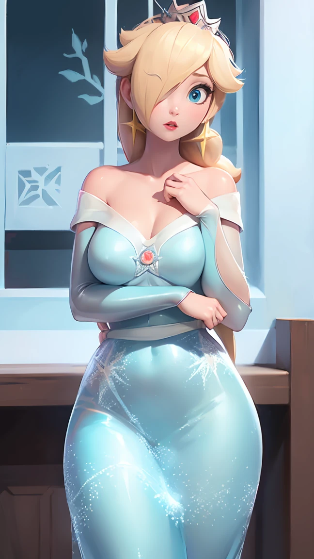 (best quality). (ultra detaild). (1girl), Looking at Viewer. (detailed backgrounds). beautiful detailed eyes. delicate beautiful face. (high saturation), breasts big, droopy breasts, (((sexy Elsa outfit))),