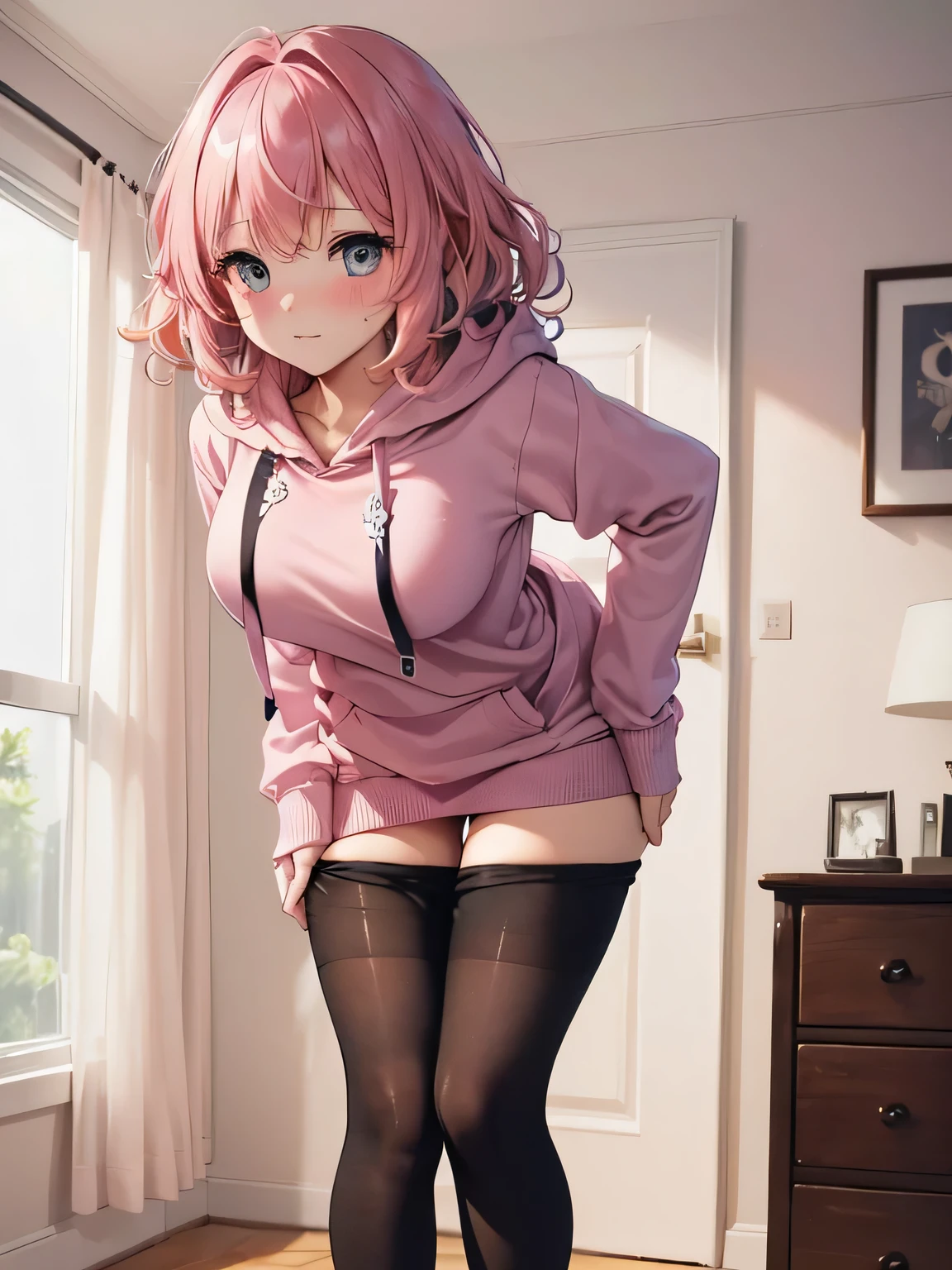 (One transcendent beautiful girl)、ultra-detailed、(8K, RAW photo, best quality, masterpiece:1.2), (extremely detailed 8K wallpaper),professional lighting,sharp focus, depth of field、(((Detailed and accurate face))),((head shot)),nfws,((Pink short bob、Fluffy curly hairy、Rainbow colored inner curl hair))、((Highest quality)), ((masterpiece)), (((A simple, baggy pink hoodie))),((Perfect Face、Beautiful Eyes)),((((Leaning forward、The gesture of pulling down tights with both hands))))、((Blushing)),(((Embarrassing)))、(An apartment room、Bed in the back)