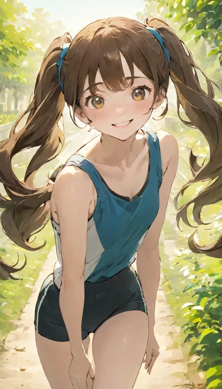 Affordable design, Clear lines, High Sharpness, (Highest quality,8K,Perfect sharpness,Ultra-fine,High resolution,masterpiece:1.2), Perfect Anatomy:1.5, Official Art, Illustrations that tell a story, (Whitish background:0. 9)、Body Positivity、Diverse physical expressions、(Random and strange poses))、Perfect beauty、Perfect beautiful face、(非常にStrong winds)、Rich expressiveness、Dynamic configuration、Golden ratio composition、colorful、((color々Different angles and perspectives))、Anime Drawings、((Overcoming stereotypes))、 Glowing Skin、(Natural Beauty)、bangs、Straight Long Hair、(Soft and flowing hair)、(countryside)、((Nostalgic atmosphere))、((Playful and easygoing))、(diverse characters)、((Graceful posture))、(Sunny atmosphere)、(vivid color)、Brown Hair、smile、 ((Emotional))、bangs、Natural reaction、(Twin tail hair)、Raise it up to your thighs、Strong winds、(countryside道)、Outdoor、playground、((running))、(Tight workout clothes)、