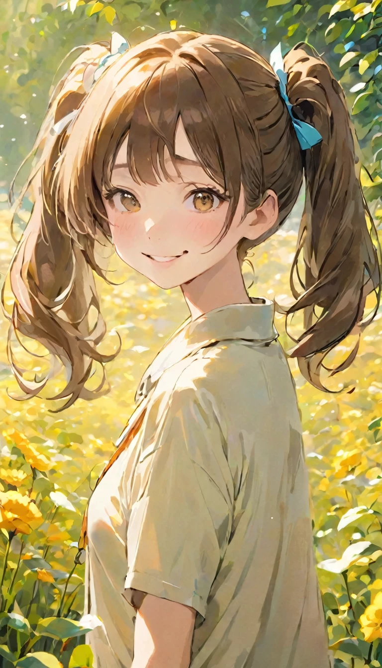 Affordable design, Clear lines, High Sharpness, (Highest quality,8K,Perfect sharpness,Ultra-fine,High resolution,masterpiece:1.2), Perfect Anatomy:1.5, Official Art, Illustrations that tell a story, (Whitish background:0. 9)、Body Positivity、Diverse physical expressions、(Random and strange poses))、Perfect beauty、Perfect beautiful face、(非常にStrong winds)、Rich expressiveness、Dynamic configuration、Golden ratio composition、colorful、((color々Different angles and perspectives))、Anime Drawings、((Overcoming stereotypes))、 Glowing Skin、(Natural Beauty)、bangs、Straight Long Hair、(Soft and flowing hair)、(countryside)、((Nostalgic atmosphere))、((Playful and easygoing))、(diverse characters)、((Graceful posture))、(Sunny atmosphere)、(vivid color)、Brown Hair、smile、 ((Emotional))、bangs、Natural reaction、(Twin tail hair)、Raise it up to your thighs、Strong winds、(countryside道)、Outdoor、playground、((running))、(Tight workout clothes)、