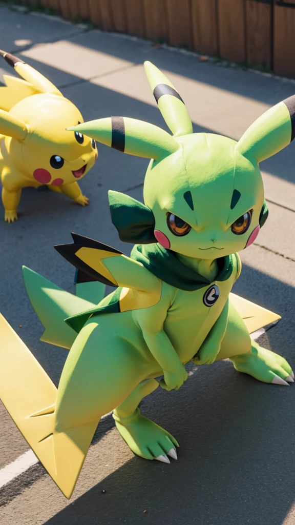 create a pokemon character with pikachu's head with celebi's body. this is supposed to be a joke so make it deliberate and literal.