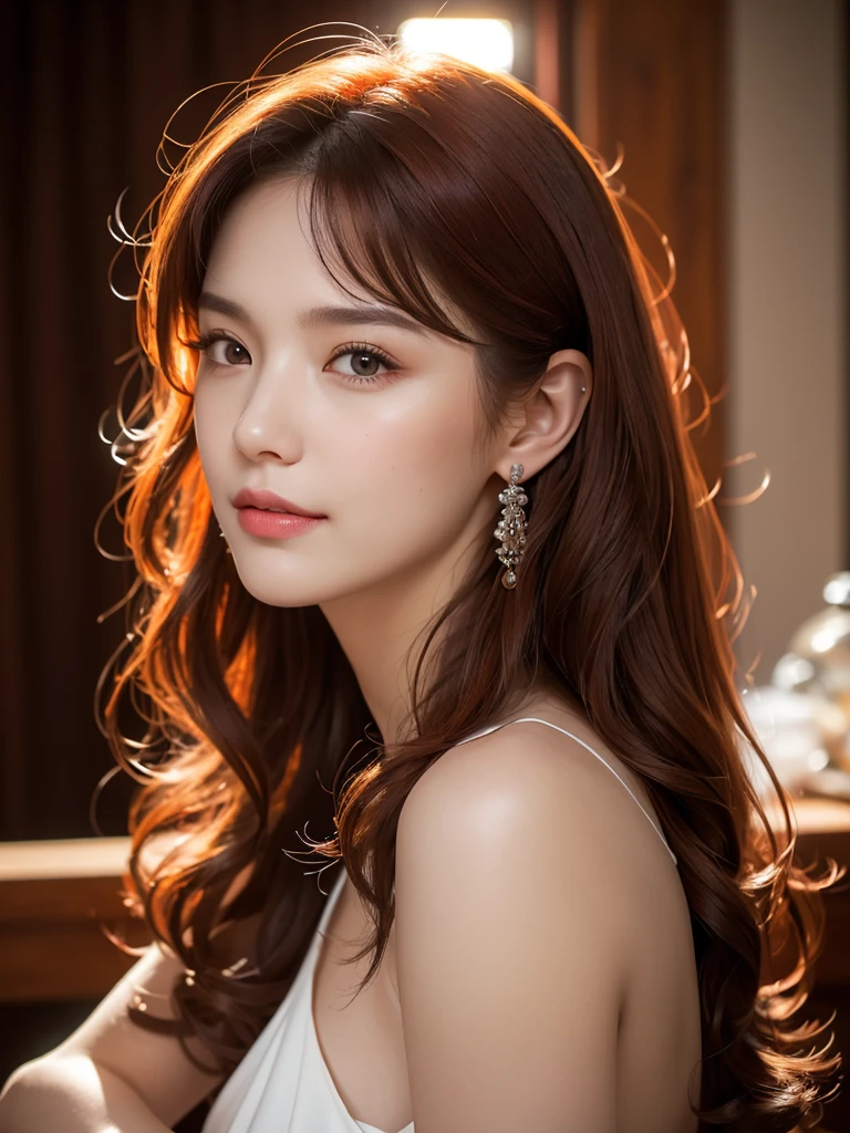 1girl, alone, solitary, high quality, (best quality,4k,8k,highres,masterpiece:1.2),ultra-detailed,(realistic,photorealistic,photo-realistic:1.37),gorgeous hair,bright dyed red hair,long hair with curls and bangs,puffy eyes,mole on the cheek,plump lips,jewelry,(high detailed skin:1.4),(light room:1.3),(rim lighting:1.3),(lit:1.3),(sunny day:1.3),indoors,portrait,smirk, waist-length hair, red or black clothes