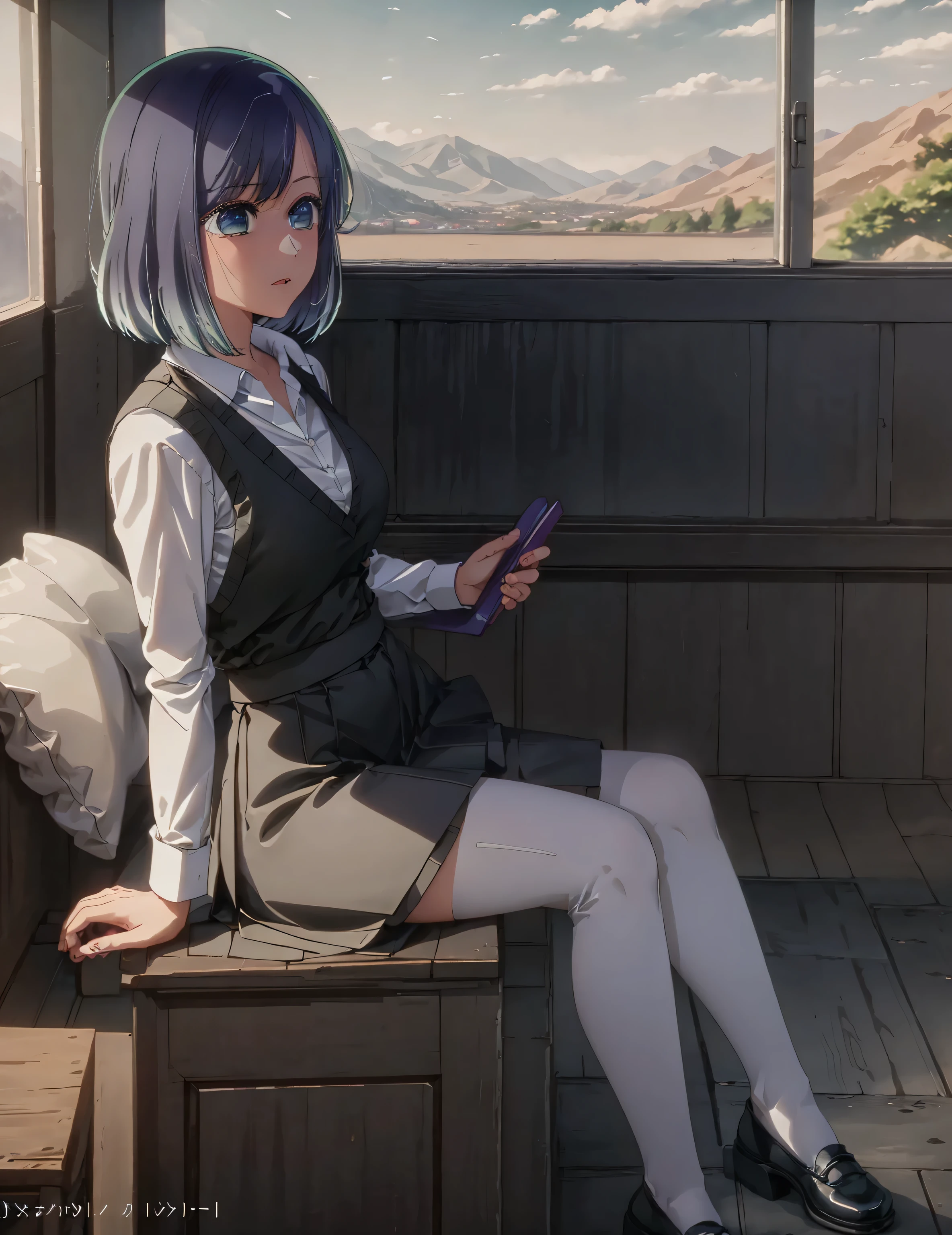 best quality, masterpiece, 1 girl, alone, detailed eyes, detailed car, busty, thick thighs, black skirt, unbuttoned shirt, long black stockings, sitting, spreading legs, full body