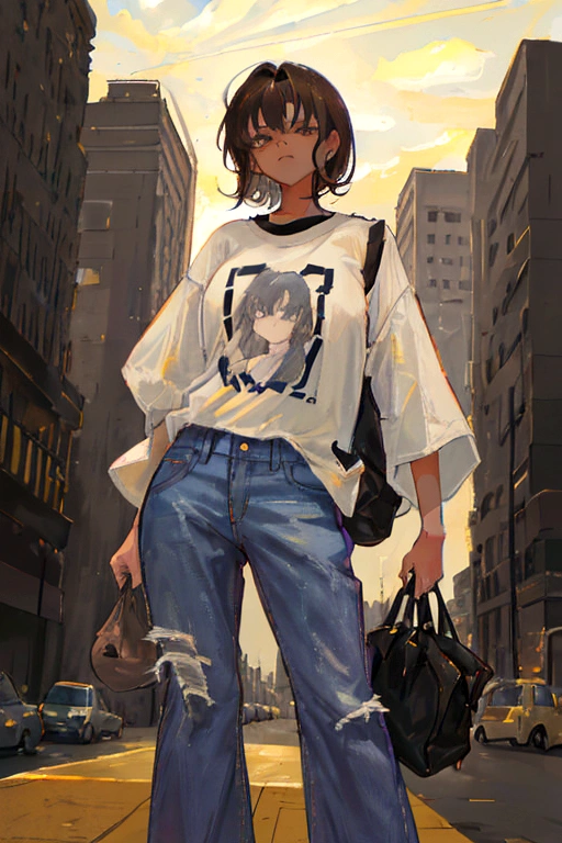 make me a female, 16 years old, short dark brown hair, grey eyes, baggy jeans and oversized shirt, she looks serious, she's pointing a gun at someone