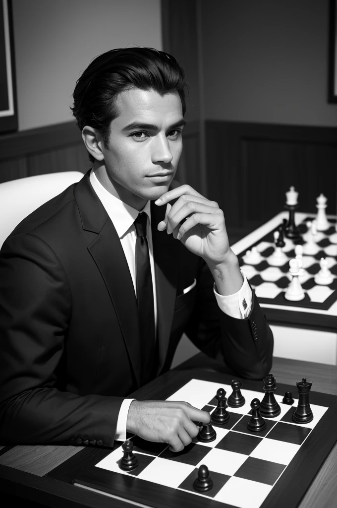 A splendid chess player, de terno preto, in a 60s style black and white photo, with a chessboard on the table, thinking about your next move