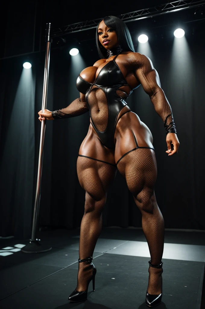 black woman, fishnet catsuit, big muscle, bodybuilder, thin waist, wide hips, high heels, knee high boots, stripper pole on club stage next to curtains, multiple people watching, spotlights shining on stage, (((full body shots)))