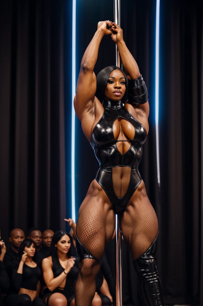 black woman, fishnet catsuit, big muscle, bodybuilder, thin waist, wide hips, high heels, knee high boots, stripper pole on club stage next to curtains, multiple people watching, spotlights shining on stage, (((full body shots)))