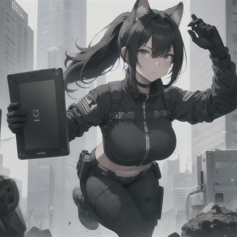 Absurd resolution, high resolution, (masterpiece: 1.4), hyper-detail, full body shot, solo, 1 kemono feline cat woman, black hair, messy ponytail, cute face, detailed soft grey eyes, extremely large bust, huge massive hyper super swollen breasts that cover her whole torso and are bigger than her head while being so big they reach her belly button, wide full hips, narrower torso, smaller torso, full thicc soft thighs, rounded full soft butt, ruggedized utility styled outfit, monochrome black and grey fullbody covering protective padding pilot rugged utility suit with white chest, scifi padded rugged high collar techwear jacket, white and black triangular decals and techwear iconography on apparel and clothing, techwear gloves, arm mounted strapped display scifi tablet/communication device/computer, rugged tablet display mounted on MOLLE strap on top of her bust, ruggedized computer tablet mounted above her breasts, screen display mounted on top of her chest, ruggedized tech, ruggedized tech aesthetic, fitted utility pants, utility chaps, near future scifi, cyberpunk aesthetic, anime aesthetic