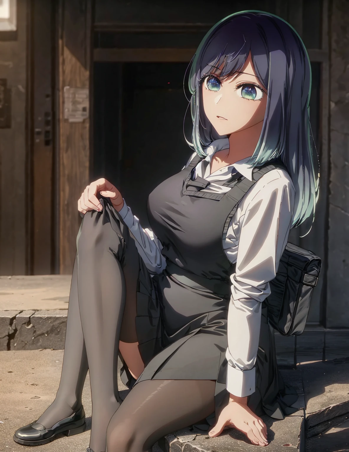 best quality, masterpiece, 1 girl, alone, detailed eyes, detailed car, busty, thick thighs, black skirt, unbuttoned shirt, long black stockings, sitting, spreading legs, sexy, full body