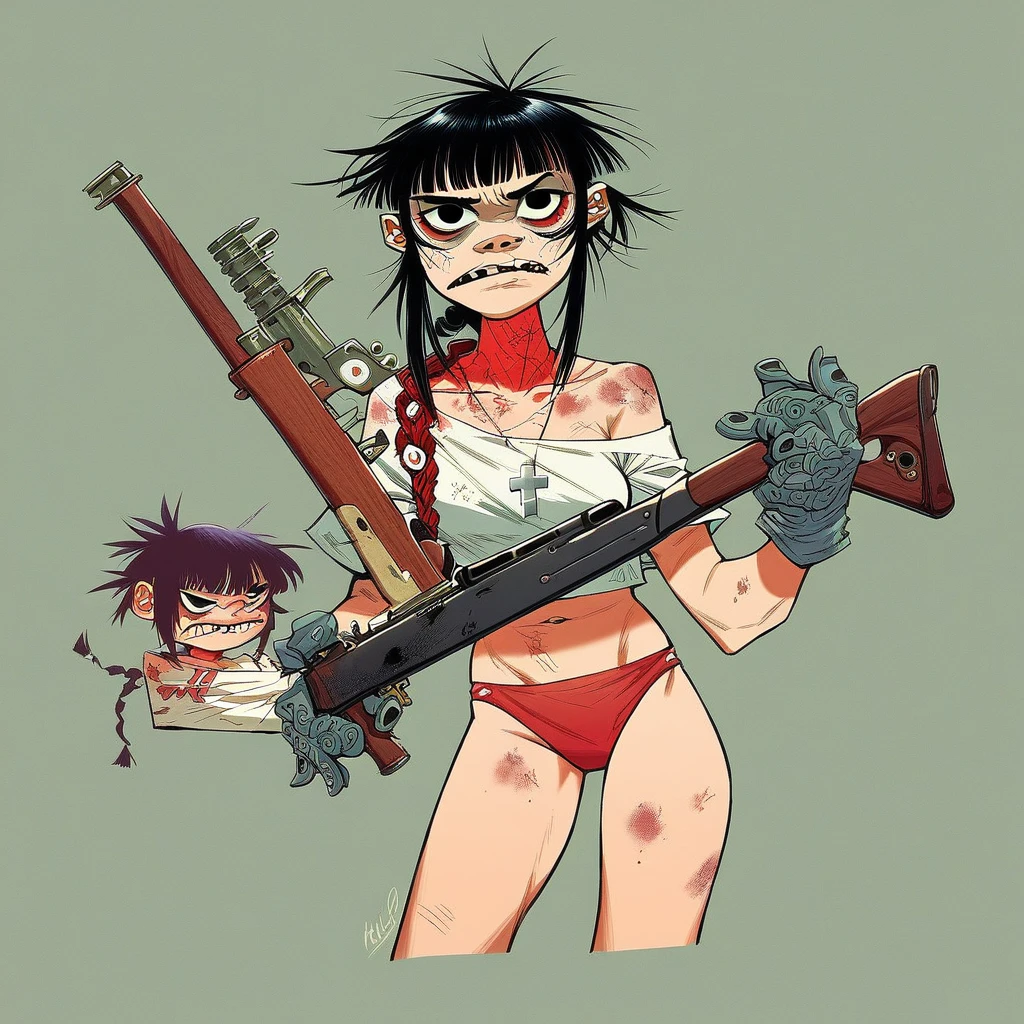 girl noodle gorillaz style, braided black hair, silver necklace with cross pendant, mechanic glove on the left hand, faded red, low-cut white top, red panties, arms and legs with dirt stains, shotgun in the right hand, cyberpunk image style