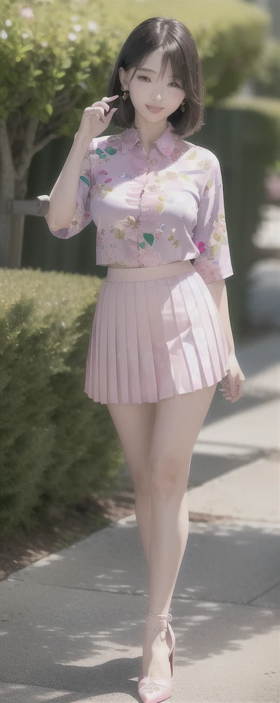 (Best quality details:1.2),realistic,8K UHD,High definition,(1girl:1.2),Ultra Detailed,High quality texture,intricate details,detailed texture,finely detailed,high detail,extremely detailed cg,High quality shadow,Detailed beautiful delicate face,Detailed beautiful delicate eyes,Depth of field,Ray tracing,20's,(a beautiful 18 age years old sexy korean woman:1.1),(Pretty Kpop girl,korean mixed),large breast, tall_female, beautiful_legs, Glow Eyes,blush, glossy lips, perfect body, (floral print shirt :1.3), (pink pleated skirt:1.4) ,(wedge heels :1.2), (black hair, curl, bob:1.1), street, sunlight, standing, lens flare, earrings,  model, looking at viewer, (happy smile:1.1), makeup,nude