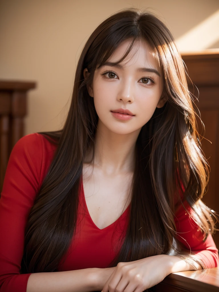 1girl, alone, solitary, high quality, (best quality,4k,8k,highres,masterpiece:1.2),ultra-detailed,(realistic,photorealistic,photo-realistic:1.37),gorgeous hair,light brown hair,long hair with curls and bangs,puffy eyes,mole on the cheek,plump lips,jewelry,(high detailed skin:1.4),(light room:1.3),(rim lighting:1.3),(lit:1.3),(sunny day:1.3),indoors,portrait,smirk, waist-length hair, red or black clothes