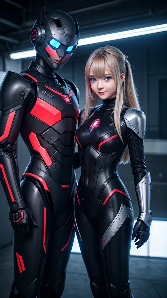 A boy and a girl in the form of robots stand at full height, they have blue eyes, black-blond hair, blush and smile on the face, robot dashboard with digital display, iron black and red electric armor, power armor, anime style, Aesthetically, Beautiful, realistically, professional photo, 4K, A high resolution, high detail, 30mm.