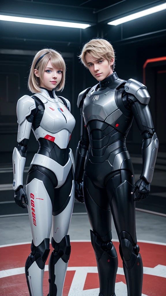 A boy and a girl in the form of robots stand at full height, they have blue eyes, black-blond hair, blush and smile on the face, robot dashboard with digital display, iron black and red electric armor, power armor, anime style, Aesthetically, Beautiful, realistically, professional photo, 4K, A high resolution, high detail, 30mm.