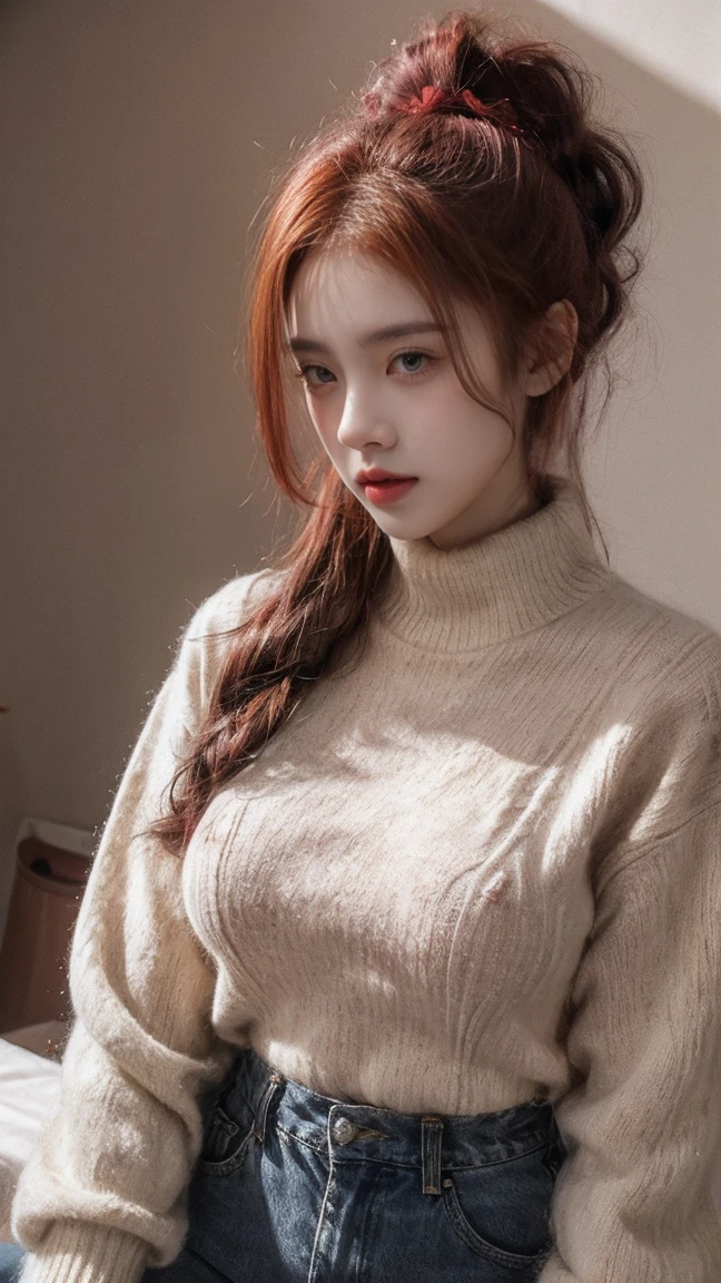 21yo girl,red hair,ponytail hair, wearing red sweater, (yellow line on stweater),(gryffindor sweater), jeans, natural medium breast, plump body,single sidelock hairpin blush modern cinematic lighting,ray tracing,drop shadow wide shot UHD,textured skin,high details,best quality 4K