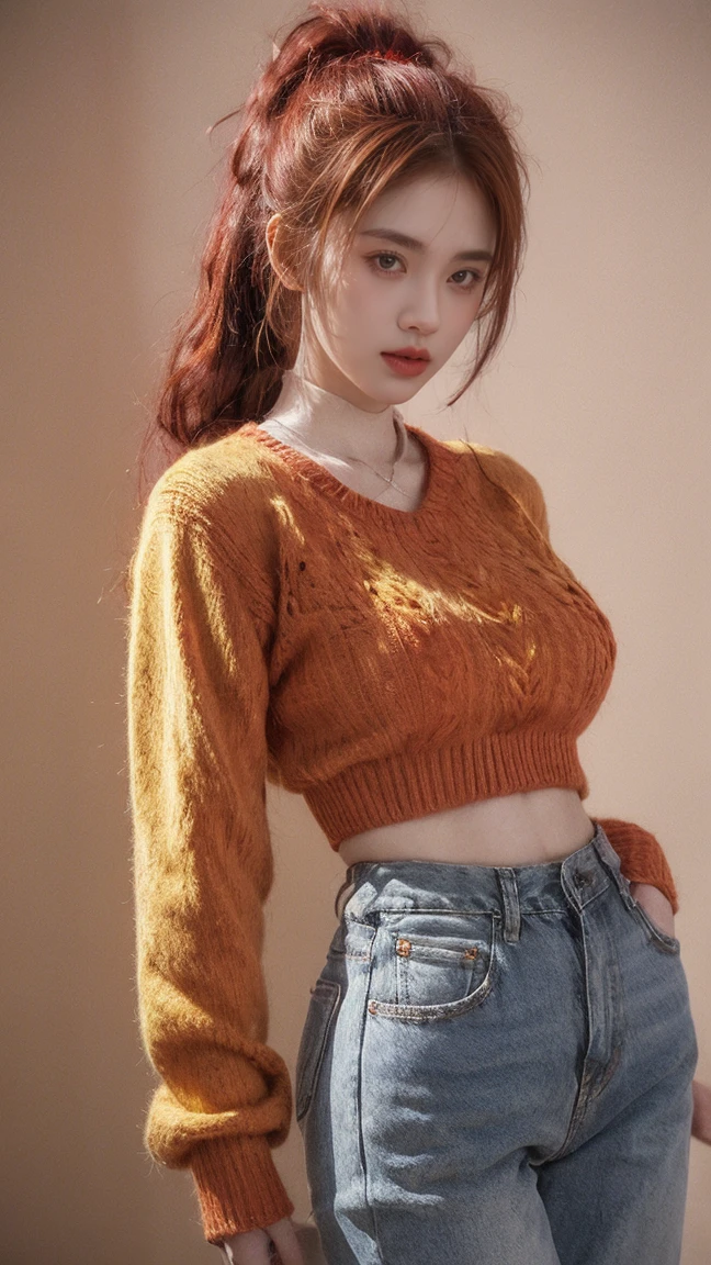 21yo girl,red hair,ponytail hair, wearing red sweater, (yellow line on stweater),(gryffindor sweater), jeans, natural medium breast, plump body,single sidelock hairpin blush modern cinematic lighting,ray tracing,drop shadow wide shot UHD,textured skin,high details,best quality 4K