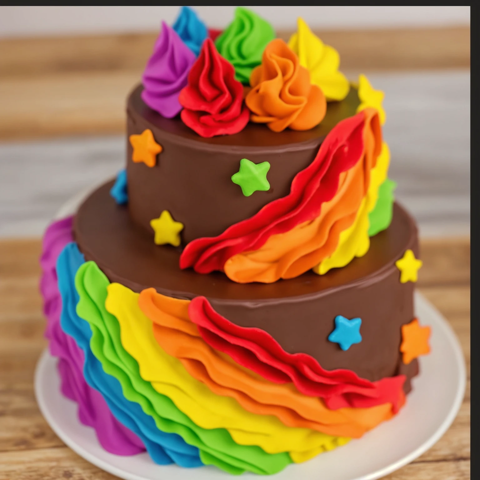 on a wooden table. there is a white plate. two-tier cake, chocolate cream cake, rainbow cream in the form of ruffles, decorated with rainbow stars made of polymer clay, multi-colored cream on top, against the background of the kitchen, Beautiful light from the window, contour light, Multiple light sources, beautiful lighting, Bright light source, bright lighting, beautiful light sources, Multiple light sources, Realistic style , realistic texture, detailed texture, A high resolution, high quality,