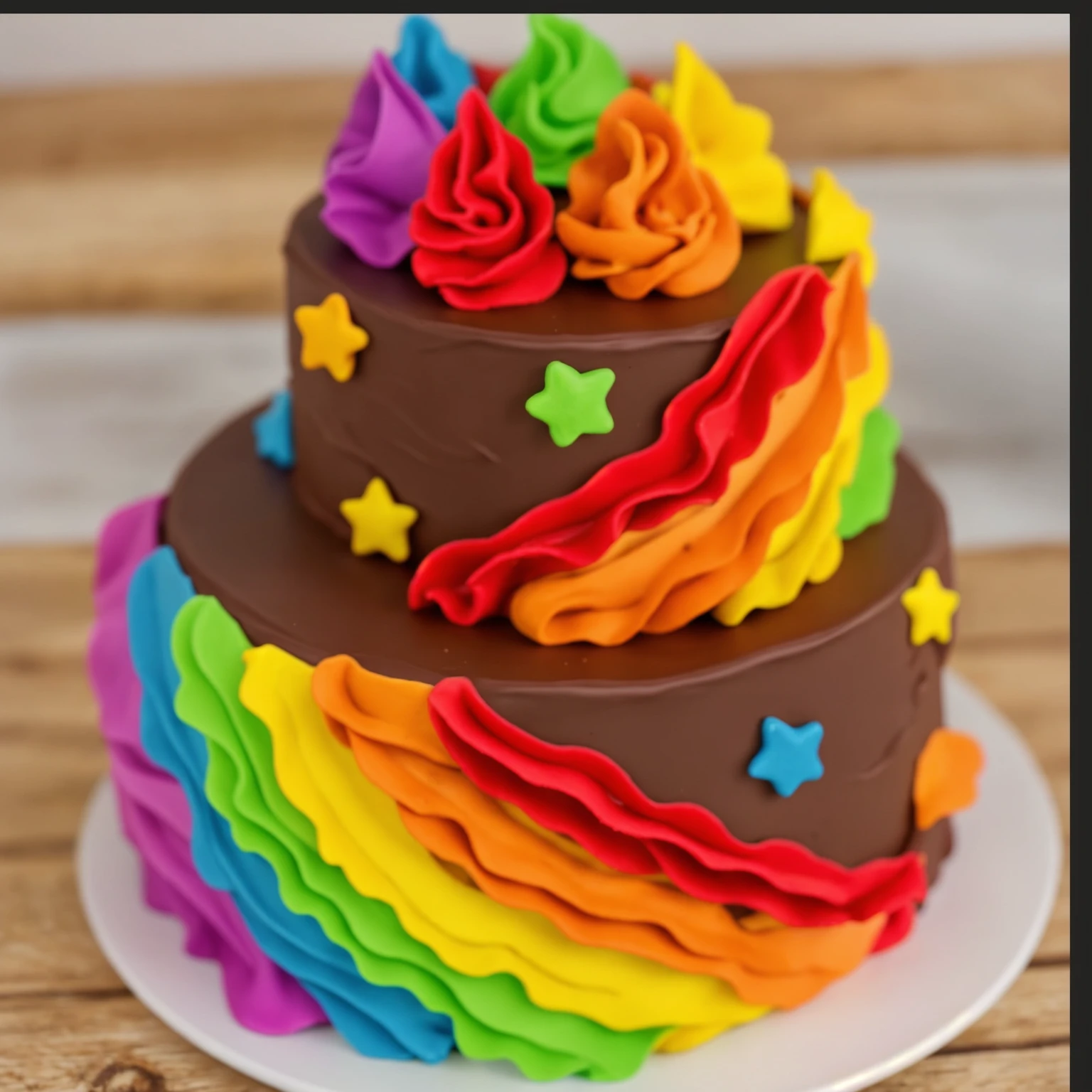 on a wooden table. there is a white plate. two-tier cake, chocolate cream cake, rainbow cream in the form of ruffles, decorated with rainbow stars made of polymer clay, multi-colored cream on top, against the background of the kitchen, Beautiful light from the window, contour light, Multiple light sources, beautiful lighting, Bright light source, bright lighting, beautiful light sources, Multiple light sources, Realistic style , realistic texture, detailed texture, A high resolution, high quality,