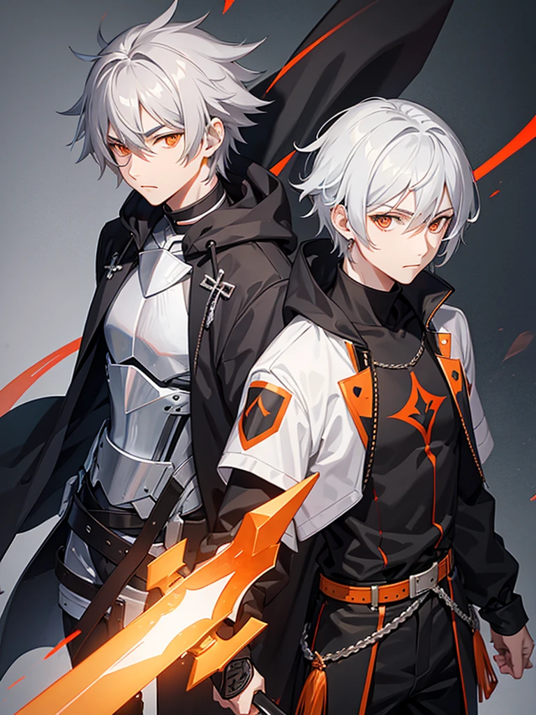 Male character gray hair and orange eyes and black clothes and swords