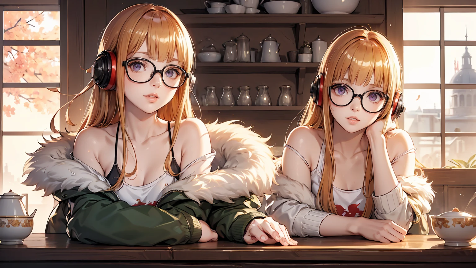 masutepiece, Best Quality, hight resolution, 1girl in, futaba sakura, Blunt bangs, eye glassesの, Burakku Frame Eyewear, Ahoge,orange color hair、 purple eyes、 eye glassesの, headphones, bura, Jacket, off shoulders, Fur trim, fur-trimmed jacket, Green jacket, Shorts, ,the golden hour,A smile that showed teeth、1black cat、tea shop、On the counter、Coffee、futaba sakura、Purple eyes、orange color hair、eye glasses、,masterpiece、top-quality、Official art、illustratio、ligne claire、(Cool_Farbe)、perfect-composition、focal、acurate, Anatomically correct、 、hight resolution, Beautiful detailed glow, masutepiece*Portrait, 3D Face, Realistic, (masutepiece: 1.3), (max resolution: 1.2), (Ultra HDTV: 1.2), cinematric light, 8K resolution, phi ,masterpiece、top-quality、Ultra Detail、(((shiny lips: 1.4)))Beautiful face, acurate, Anatomically correct, phiAlways detailed face and skin texture, Detailed eyes, Double eyelids, tThin eyebrows、 pale skin, Lustrous skin all over the body, Perfect face,Always detailed face and skin texture, Detailed eyes, Double eyelids, Thin eyebrows,Natural cheeks, Glossy skin, Fair skin: 1.2, (Glossy lips: 1.4), (((The most beautiful girl)))、(((beautiful a girl)))、(little blush)、(Beautiful face)、 Delicate and beautiful hair, Delicate and beautiful eyes and face, (Beautiful gorgeous cute western woman:1.3),)(((Very Beautiful face))))(((long lashes))))(((Circular twinkling eyes)))(((Glossy and glossy lips))) (((Cheeks with a slight reddish tinge:0.8)))(((Neat and straight nose bridge)))、(((Cowboy Shot)))crouching cowgirl,