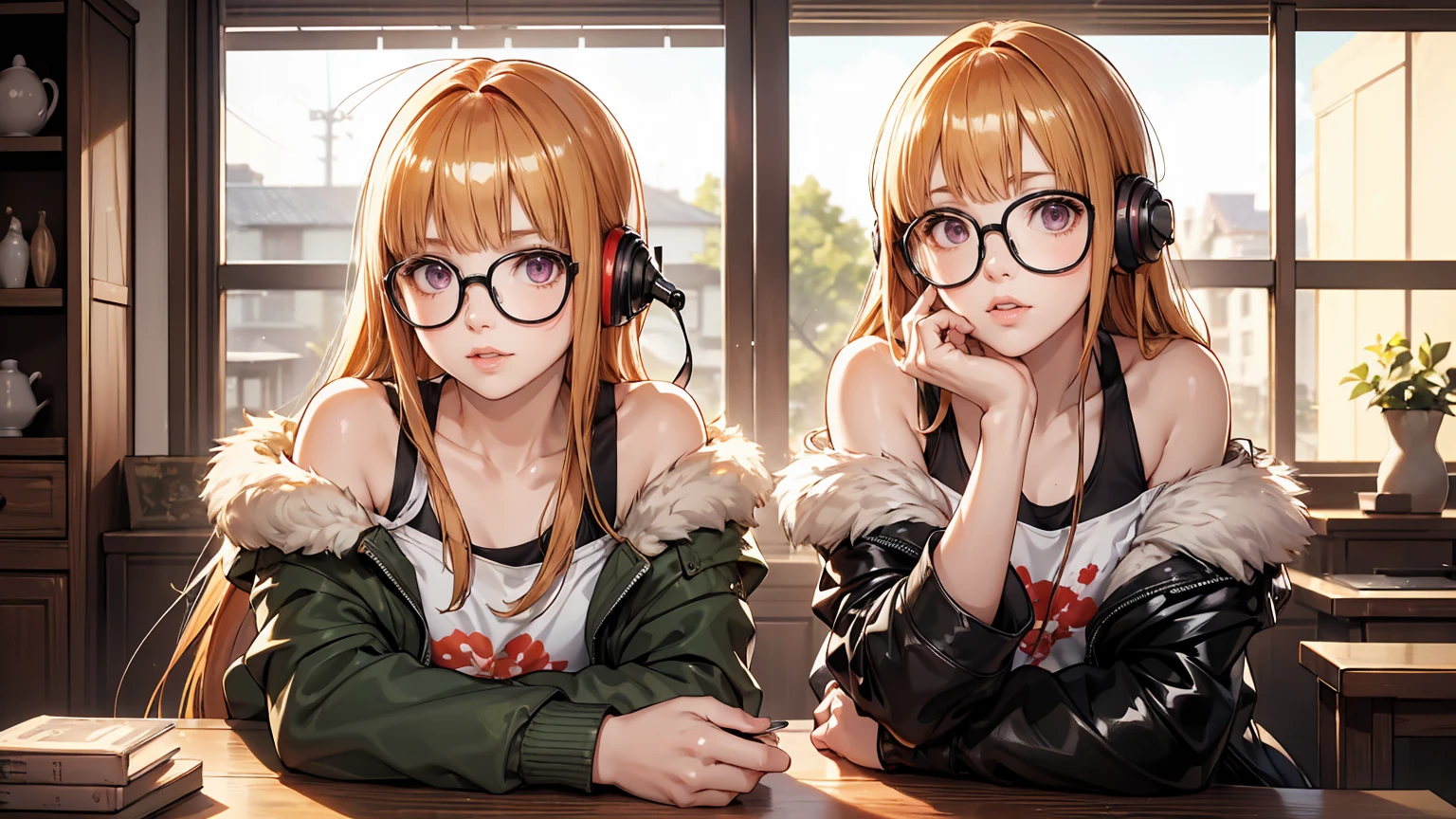 masutepiece, Best Quality, hight resolution, 1girl in, futaba sakura, Blunt bangs, eye glassesの, Burakku Frame Eyewear, Ahoge,orange color hair、  purple eyes、 eye glassesの, headphones, bura, Jacket, off shoulders, Fur trim, fur-trimmed jacket, Green jacket, Shorts, ,the golden hour,A smile that showed teeth、1black cat、tea shop、On the counter、Coffee、futaba sakura、Purple eyes、orange color hair、eye glasses、,​masterpiece、top-quality、Official art、illustratio、ligne claire、(Cool_Farbe)、perfect-composition、focal、acurate, Anatomically correct、 、hight resolution, Beautiful detailed glow, masutepiece*Portrait, 3D Face, Realistic, (masutepiece: 1.3), (max resolution: 1.2), (Ultra HDTV: 1.2), cinematric light, 8K resolution, phi ,​masterpiece、top-quality、Ultra Detail、(((shiny lips: 1.4)))Beautiful face, acurate, Anatomically correct, phiAlways detailed face and skin texture, Detailed eyes, Double eyelids, tThin eyebrows、 pale skin, Lustrous skin all over the body, Perfect face,Always detailed face and skin texture, Detailed eyes, Double eyelids, Thin eyebrows,Natural cheeks, Glossy skin, Fair skin: 1.2, (Glossy lips: 1.4), (((The most beautiful girl)))、(((beautiful a girl)))、（little blush）、（Beautiful face）、 Delicate and beautiful hair, Delicate and beautiful eyes and face, (Beautiful gorgeous cute western woman:1.3),)(((Very Beautiful face))))(((long lashes))))(((Circular twinkling eyes)))(((Glossy and glossy lips))) (((Cheeks with a slight reddish tinge:0.8)))(((Neat and straight nose bridge)))、(((Cowboy Shot)))crouching cowgirl,