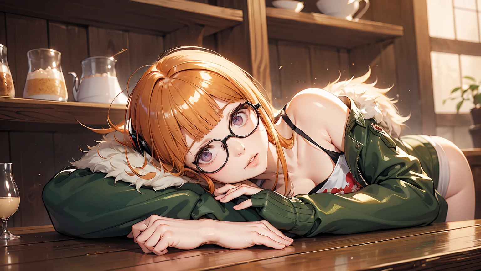 masutepiece, Best Quality, hight resolution, 1girl in, futaba sakura, Blunt bangs, eye glassesの, Burakku Frame Eyewear, Ahoge,orange color hair、 purple eyes、 eye glassesの, headphones, bura, Jacket, off shoulders, Fur trim, fur-trimmed jacket, Green jacket, Shorts, ,the golden hour,A smile that showed teeth、1black cat、tea shop、On the counter、Coffee、futaba sakura、Purple eyes、orange color hair、eye glasses、,masterpiece、top-quality、Official art、illustratio、ligne claire、(Cool_Farbe)、perfect-composition、focal、acurate, Anatomically correct、 、hight resolution, Beautiful detailed glow, masutepiece*Portrait, 3D Face, Realistic, (masutepiece: 1.3), (max resolution: 1.2), (Ultra HDTV: 1.2), cinematric light, 8K resolution, phi ,masterpiece、top-quality、Ultra Detail、(((shiny lips: 1.4)))Beautiful face, acurate, Anatomically correct, phiAlways detailed face and skin texture, Detailed eyes, Double eyelids, tThin eyebrows、 pale skin, Lustrous skin all over the body, Perfect face,Always detailed face and skin texture, Detailed eyes, Double eyelids, Thin eyebrows,Natural cheeks, Glossy skin, Fair skin: 1.2, (Glossy lips: 1.4), (((The most beautiful girl)))、(((beautiful a girl)))、(little blush)、(Beautiful face)、 Delicate and beautiful hair, Delicate and beautiful eyes and face, (Beautiful gorgeous cute western woman:1.3),)(((Very Beautiful face))))(((long lashes))))(((Circular twinkling eyes)))(((Glossy and glossy lips))) (((Cheeks with a slight reddish tinge:0.8)))(((Neat and straight nose bridge)))、(((Cowboy Shot)))crouching cowgirl,