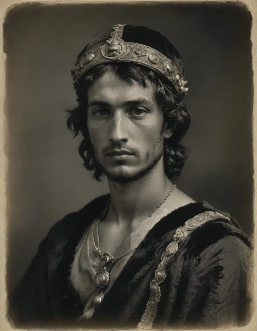 by Moebius, by Théodore Géricault, ((((Rough monochrome, daguerreotype on old paper)))), the composition is: (((a young male Roman brigand, sullen, facing viewer. He is wearing a fur hat, he is wearing a Mughal caftan with Praetorian elements, sashes, medals, Hellenistic pendants, Hellenistic influence, tiger trimming))).