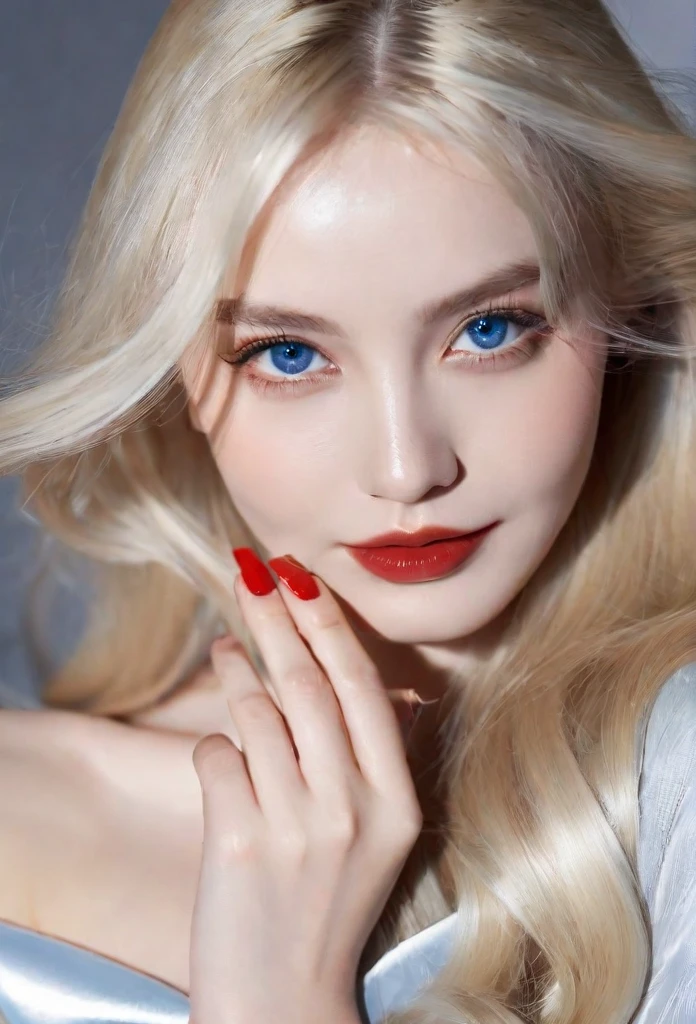 1 beautiful young woman, striking blue eyes, captivating gaze, flawless porcelain skin, long flowing blonde hair, perfectly manicured red nails, lithe and graceful figure, magnetic presence, renowned fashion model, breathtaking beauty, effortless elegance, captivating smile, award-winning, goddess-like, stunning portrait, dramatic lighting, high fashion editorial, cinematic quality, photorealistic, 8k, hyper detailed