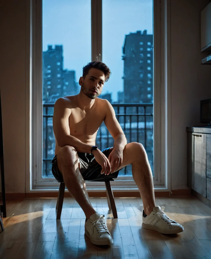A single man, 30 years old, Bare chest, short black leather shorts, white sneakers, is waiting in the apartment, near the window, He is sitting on the floor with his legs spread, neon light from the street, dark night