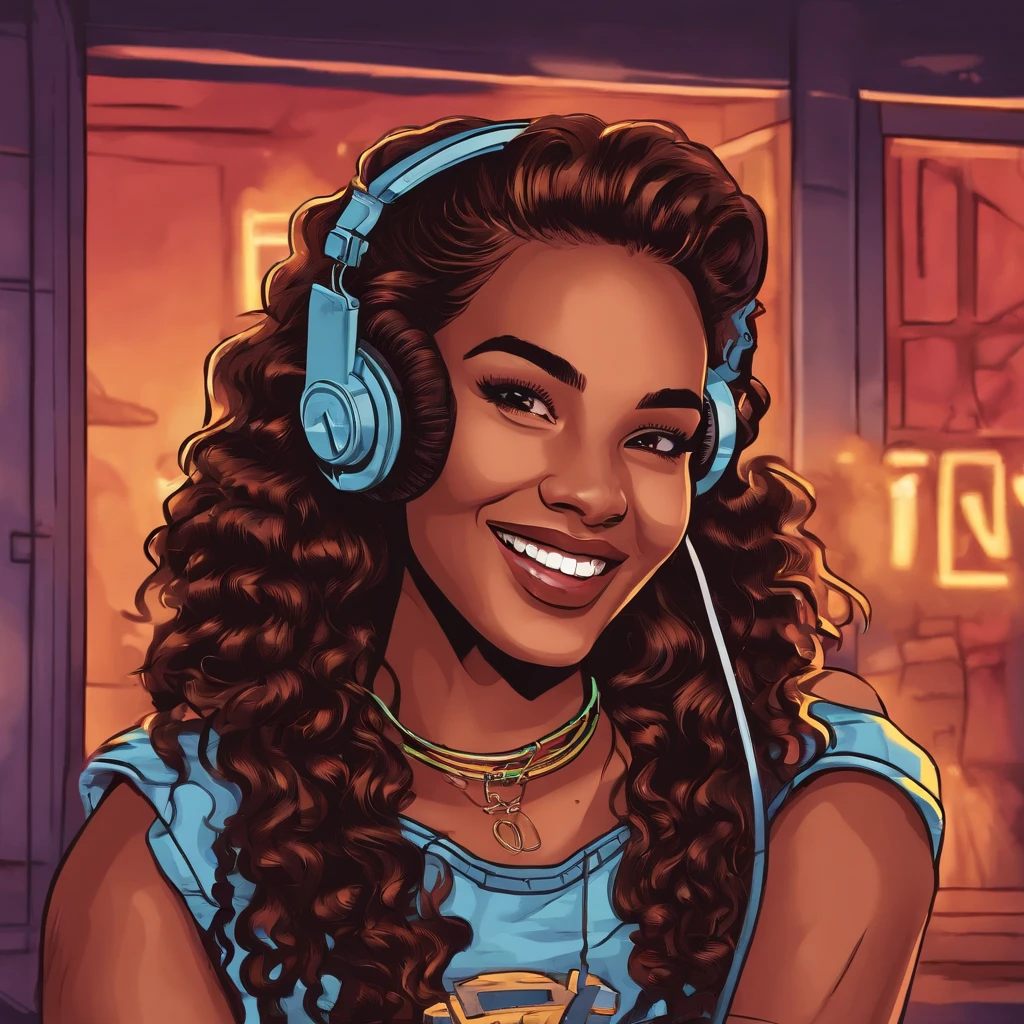 a girl from the 90s,illustration,vintage style,smiling face,long wavy hair,casual denim clothing,teenage girl style,vibrant colors and contrast,soft lighting,fun and carefree atmosphere, 8-bit pixel art,detailed facial features,wearing a choker necklace,holding a cassette tape in hand,dancing with headphones on,retro background with neon lights