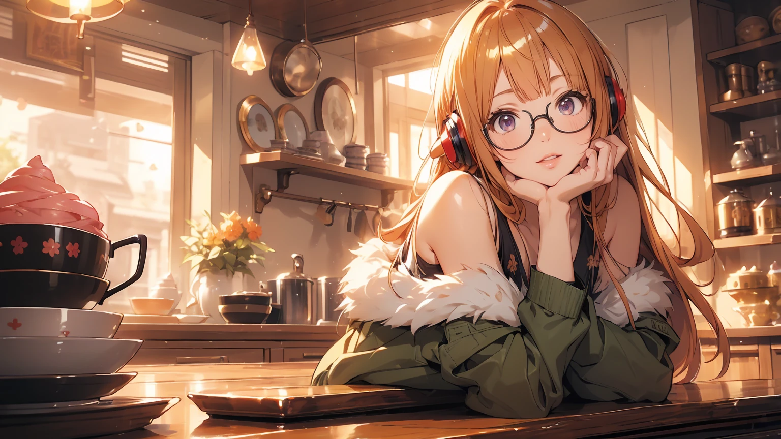 masutepiece, Best Quality, hight resolution, 1girl in, futaba sakura, Blunt bangs, eye glassesの, Burakku Frame Eyewear, Ahoge,orange color hair、 purple eyes、 eye glassesの, headphones, bura, Jacket, off shoulders, Fur trim, fur-trimmed jacket, Green jacket, Shorts, ,the golden hour,A smile that showed teeth、1black cat、tea shop、On the counter、Coffee、futaba sakura、Purple eyes、orange color hair、eye glasses、,masterpiece、top-quality、Official art、illustratio、ligne claire、(Cool_Farbe)、perfect-composition、focal、acurate, Anatomically correct、 、hight resolution, Beautiful detailed glow, masutepiece*Portrait, 3D Face, Realistic, (masutepiece: 1.3), (max resolution: 1.2), (Ultra HDTV: 1.2), cinematric light, 8K resolution, phi ,masterpiece、top-quality、Ultra Detail、(((shiny lips: 1.4)))Beautiful face, acurate, Anatomically correct, phiAlways detailed face and skin texture, Detailed eyes, Double eyelids, tThin eyebrows、 pale skin, Lustrous skin all over the body, Perfect face,Always detailed face and skin texture, Detailed eyes, Double eyelids, Thin eyebrows,Natural cheeks, Glossy skin, Fair skin: 1.2, (Glossy lips: 1.4), (((The most beautiful girl)))、(((beautiful a girl)))、(little blush)、(Beautiful face)、 Delicate and beautiful hair, Delicate and beautiful eyes and face, (Beautiful gorgeous cute western woman:1.3),)(((Very Beautiful face))))(((long lashes))))(((Circular twinkling eyes)))(((Glossy and glossy lips))) (((Cheeks with a slight reddish tinge:0.8)))(((Neat and straight nose bridge)))、(((Cowboy Shot)))crouching cowgirl,