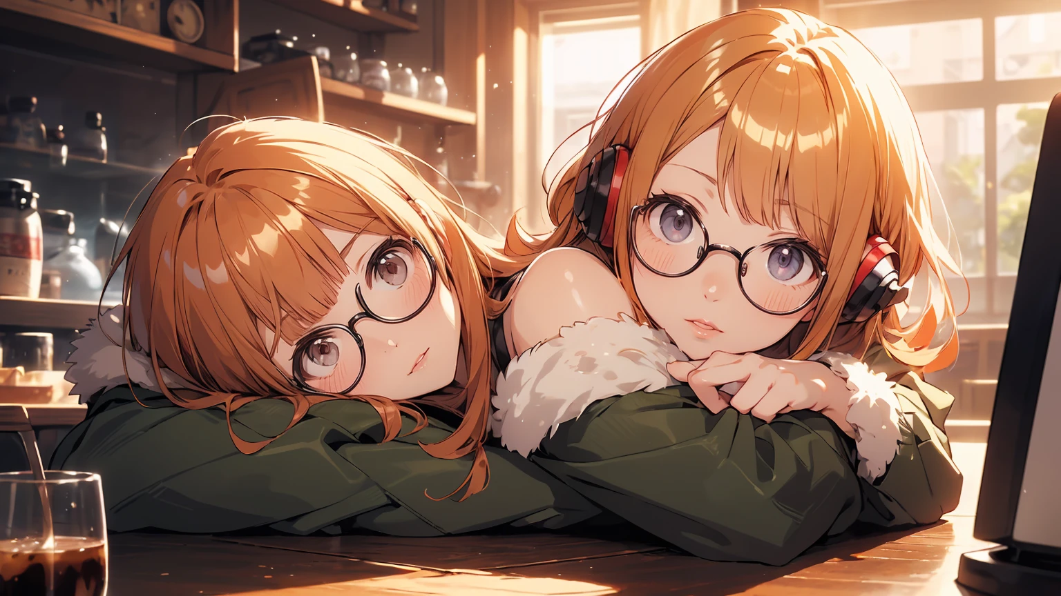 masutepiece, Best Quality, hight resolution, 1girl in, futaba sakura, Blunt bangs, eye glassesの, Burakku Frame Eyewear, Ahoge,orange color hair、  purple eyes、 eye glassesの, headphones, bura, Jacket, off shoulders, Fur trim, fur-trimmed jacket, Green jacket, Shorts, ,the golden hour,A smile that showed teeth、1black cat、tea shop、On the counter、Coffee、futaba sakura、Purple eyes、orange color hair、eye glasses、,​masterpiece、top-quality、Official art、illustratio、ligne claire、(Cool_Farbe)、perfect-composition、focal、acurate, Anatomically correct、 、hight resolution, Beautiful detailed glow, masutepiece*Portrait, 3D Face, Realistic, (masutepiece: 1.3), (max resolution: 1.2), (Ultra HDTV: 1.2), cinematric light, 8K resolution, phi ,​masterpiece、top-quality、Ultra Detail、(((shiny lips: 1.4)))Beautiful face, acurate, Anatomically correct, phiAlways detailed face and skin texture, Detailed eyes, Double eyelids, tThin eyebrows、 pale skin, Lustrous skin all over the body, Perfect face,Always detailed face and skin texture, Detailed eyes, Double eyelids, Thin eyebrows,Natural cheeks, Glossy skin, Fair skin: 1.2, (Glossy lips: 1.4), (((The most beautiful girl)))、(((beautiful a girl)))、（little blush）、（Beautiful face）、 Delicate and beautiful hair, Delicate and beautiful eyes and face, (Beautiful gorgeous cute western woman:1.3),)(((Very Beautiful face))))(((long lashes))))(((Circular twinkling eyes)))(((Glossy and glossy lips))) (((Cheeks with a slight reddish tinge:0.8)))(((Neat and straight nose bridge)))、(((Cowboy Shot)))crouching cowgirl,