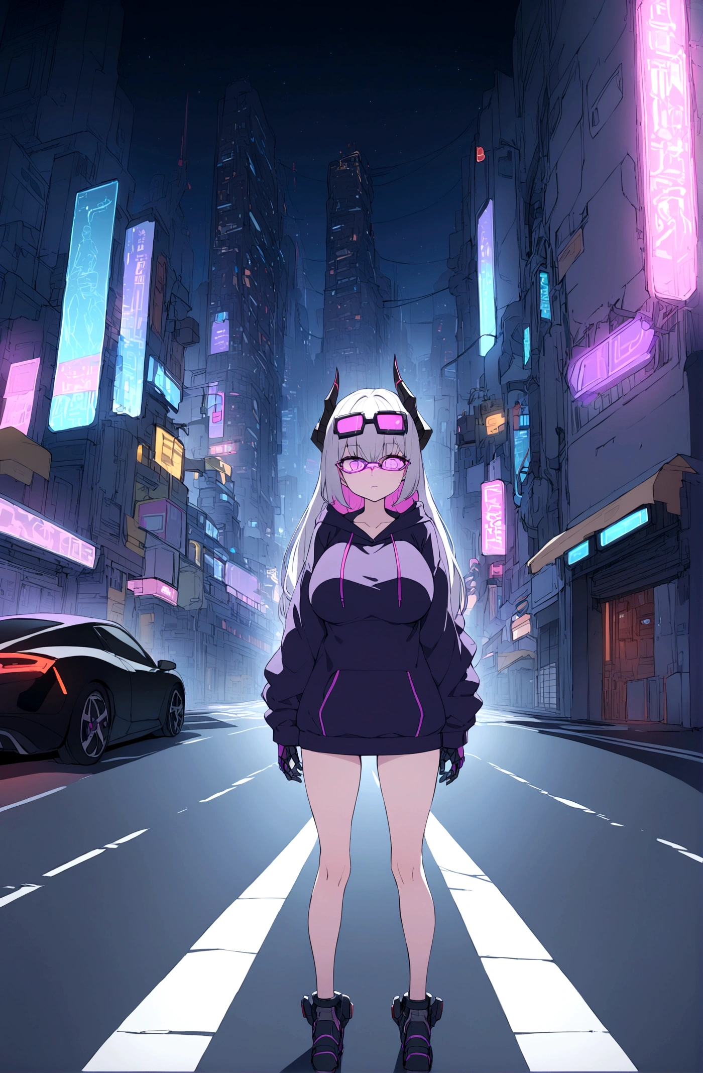 Slim teen girl, huge tits, standing at the middle of road, wearing black purple hoodie with big metal power gloves, wearing cyber glasses, neon city, at night, cars, cybernetic horns