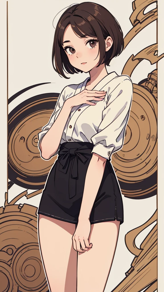 (((masterpiece, best quality, ultra highres, 1 girl, solo, no background))), super detailed skin and face and eyes and finger, beautiful japanese woman, small breasts:1.5, skinny, light brown hair, white background, very short pixie hair, (an illustration of girl), Knee shot, Generate with illustrations, Various expressions, Various poses, Various Costumes, Please draw the entire character within the frame, ensuring that the head, arms, and legs are not cut off. The background should be simple, with the character positioned centrally, outline,