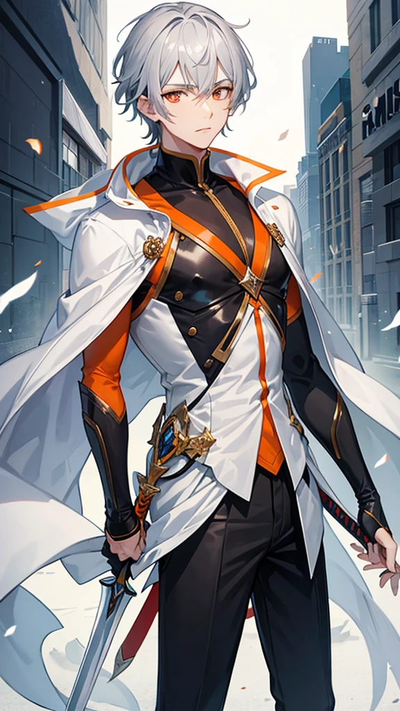 Male character gray hair and orange eyes and white clothes and swords