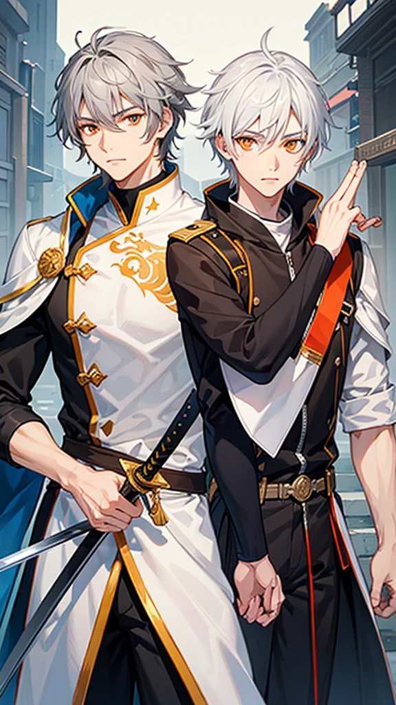 Male character gray hair and orange eyes and white clothes and swords 