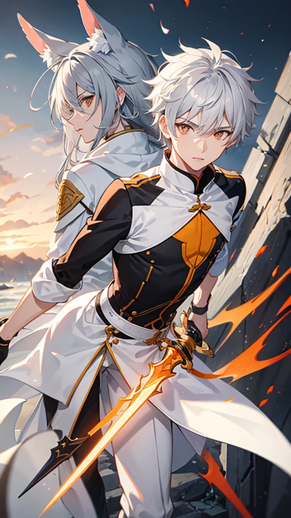 Male character gray hair and orange eyes and white clothes and swords