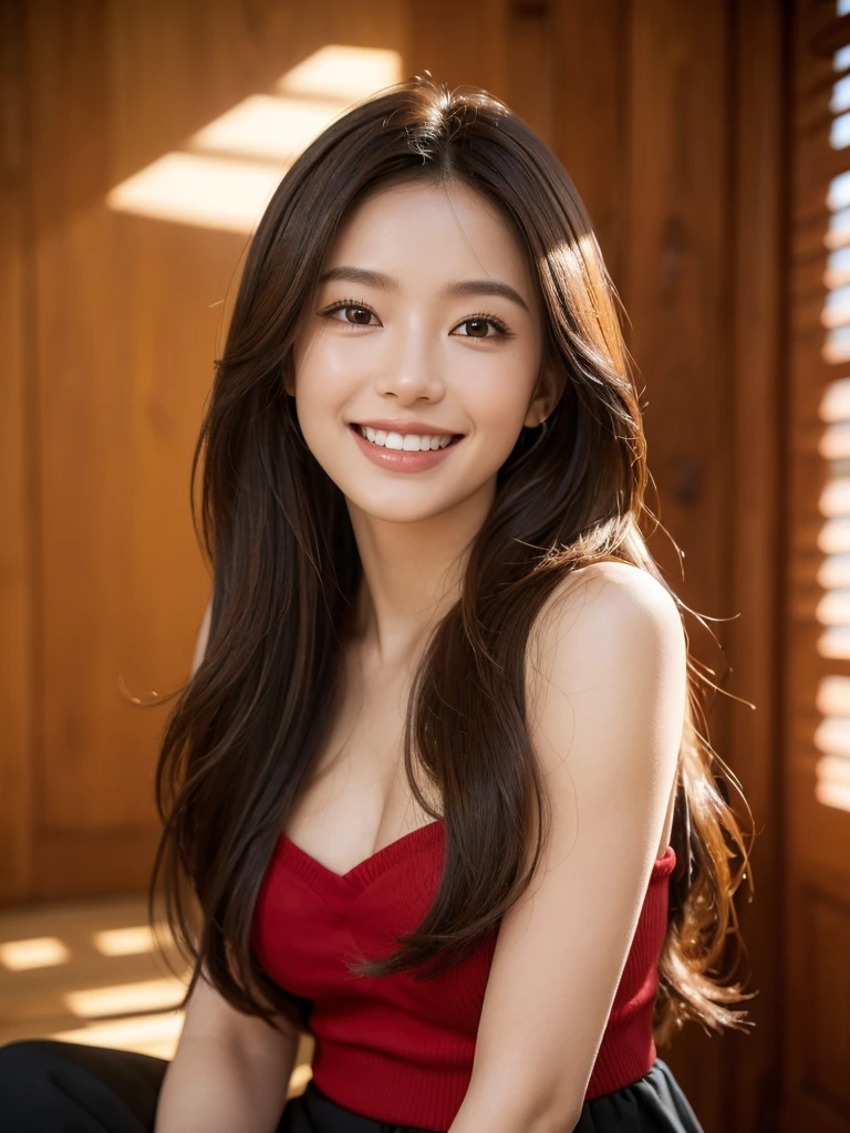 1girl, alone, solitary, high quality, (best quality,4k,8k,highres,masterpiece:1.2),ultra-detailed,(realistic,photorealistic,photo-realistic:1.37),gorgeous hair,light brown hair,long hair with curls and bangs,puffy eyes,mole on the cheek,plump lips,jewelry,(high detailed skin:1.4),(light room:1.3),(rim lighting:1.3),(lit:1.3),(sunny day:1.3),indoors,portrait,perfect smile, waist-length hair, red or black clothes, beautiful smile, perfect teeth