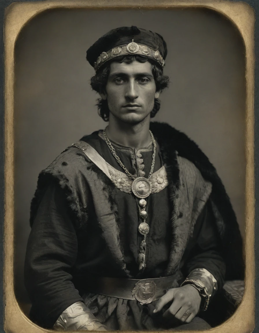 ((((Rough monochrome, daguerreotype on old paper)))), the composition is: (((a young male Roman brigand, sullen, facing viewer. He is wearing a fur hat, he is wearing a Mughal caftan with Praetorian elements, sashes, medals, Hellenistic pendants, Hellenistic influence, tiger trimming))).