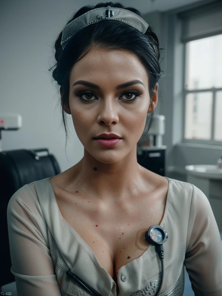 a beautiful nurse, (sexy), skinny girl, detailed face, beautiful eyes, long eyelashes, beautiful lips, detailed facial features, intricate nurse costume, medical equipment, hospital setting, dramatic lighting, vivid colors, cinematic, photorealistic, (best quality,4k,8k,highres,masterpiece:1.2),ultra-detailed,(realistic,photorealistic,photo-realistic:1.37)