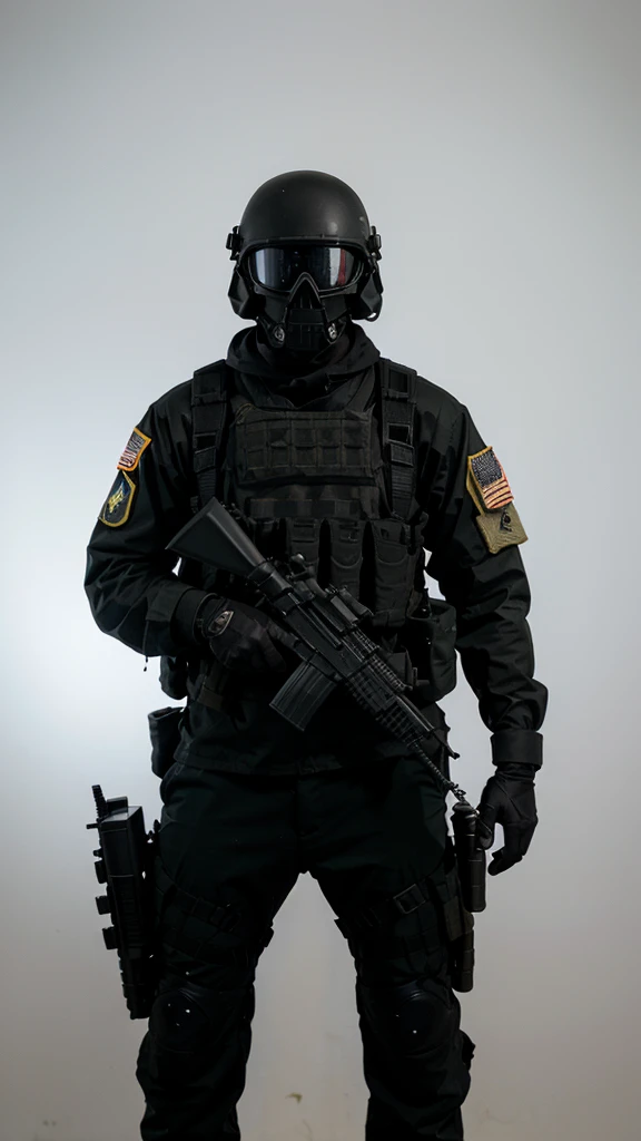 An American special forces soldier, with his face completely covered by a skull mask, with a military helmet that has night vision, and holding a rifle up, full body, completely black, completely white background
