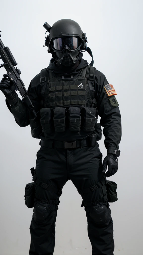 An American special forces soldier, with his face completely covered by a skull mask, with a military helmet that has night vision, and holding a rifle up, full body, completely black, completely white background