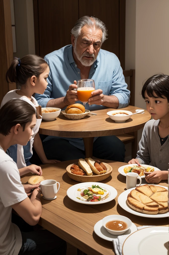 Create art that represents a family gathered around a breakfast table. the father, with an angry expression, is looking directly at his son, who seems a little disconcerted. The mother is next to them, trying to calm the situation. Ao redor da mesa, there are dishes with food, coffee cups and some elements that characterize a family breakfast environment, like a jug of juice or a basket of bread.