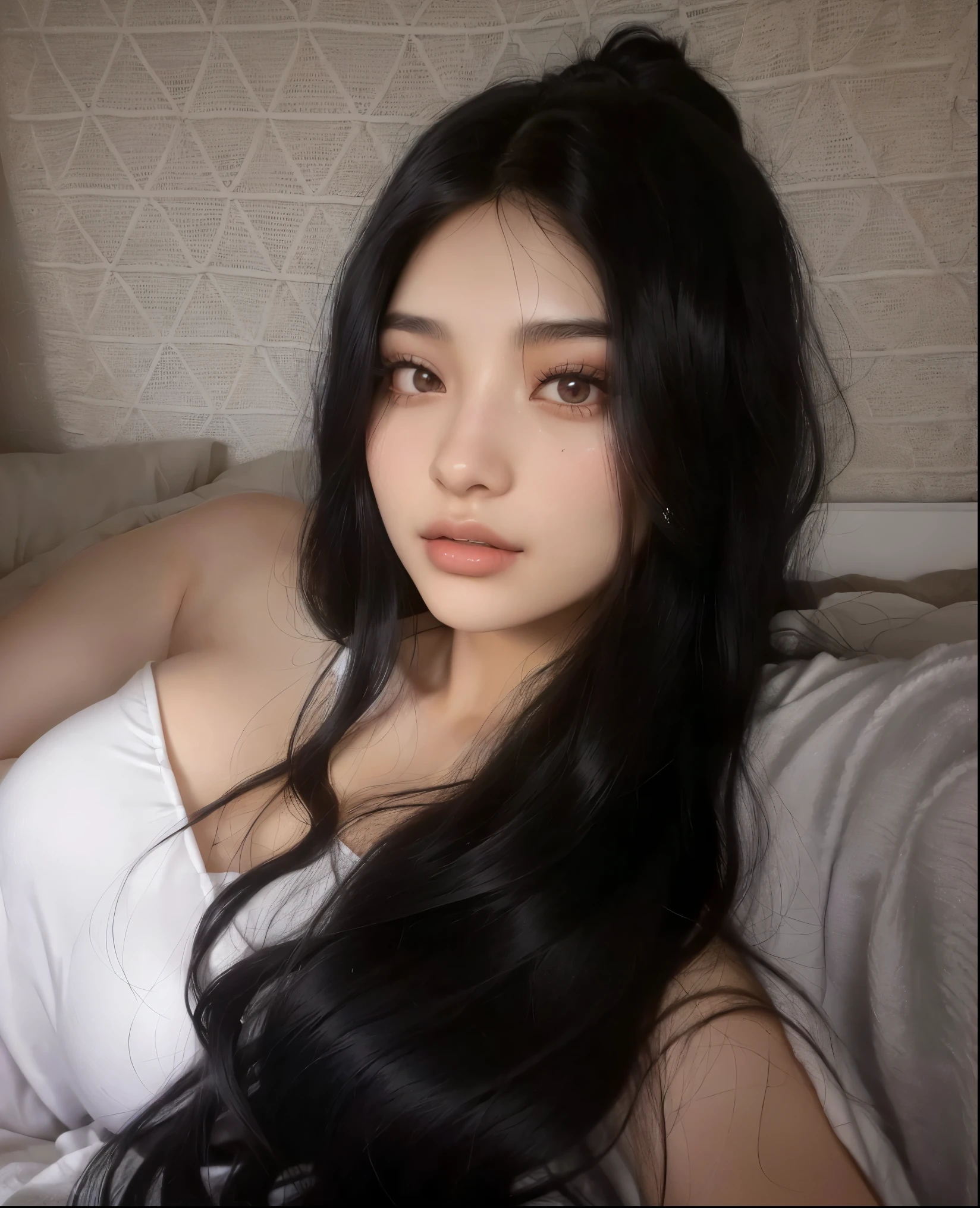 um close de uma woman with long black hair deitada em uma cama, violet myers, woman with long black hair, beautiful latin face, 18 years old, long wavy black hair, mulher Asian, mulheres Asians, Asian with long hair, Asian, beautiful mexican woman, long wavy black hair, young man with long dark hair, silky black hair