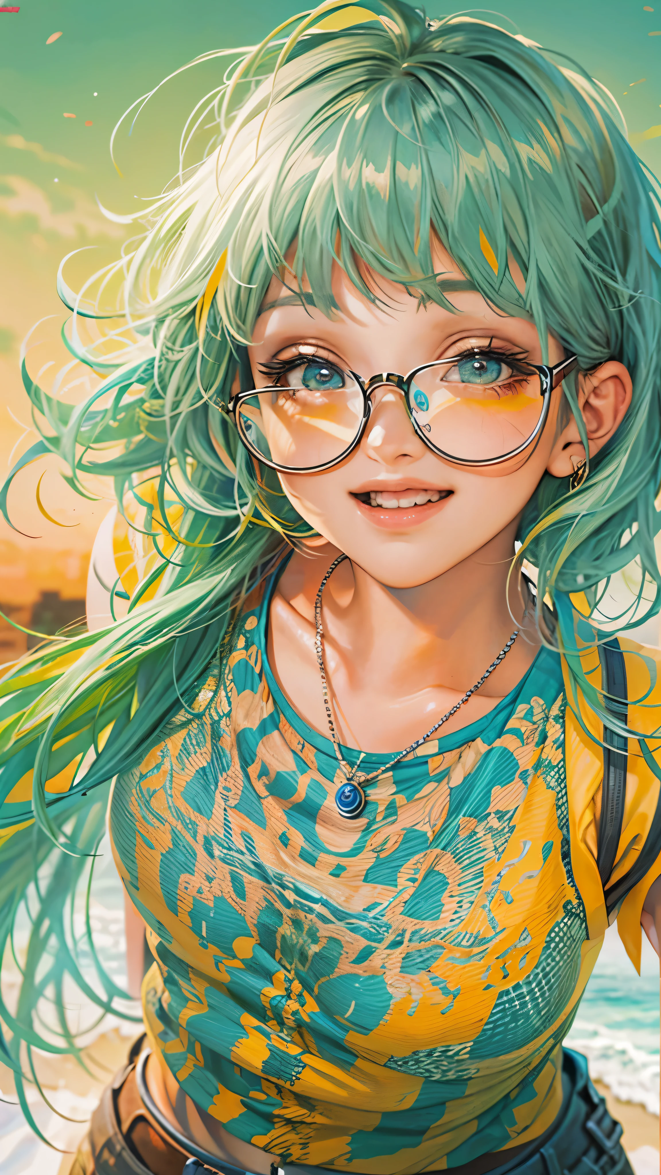 Young girl with green hair, girl who seems excited, very happy, round glasses, sexy position, tied hair, manga style, beautiful face, colorful clothes, summer clothes, very realistic, very colorful, dynamic point of view, look at her cameras, sunset background, best quality, best color